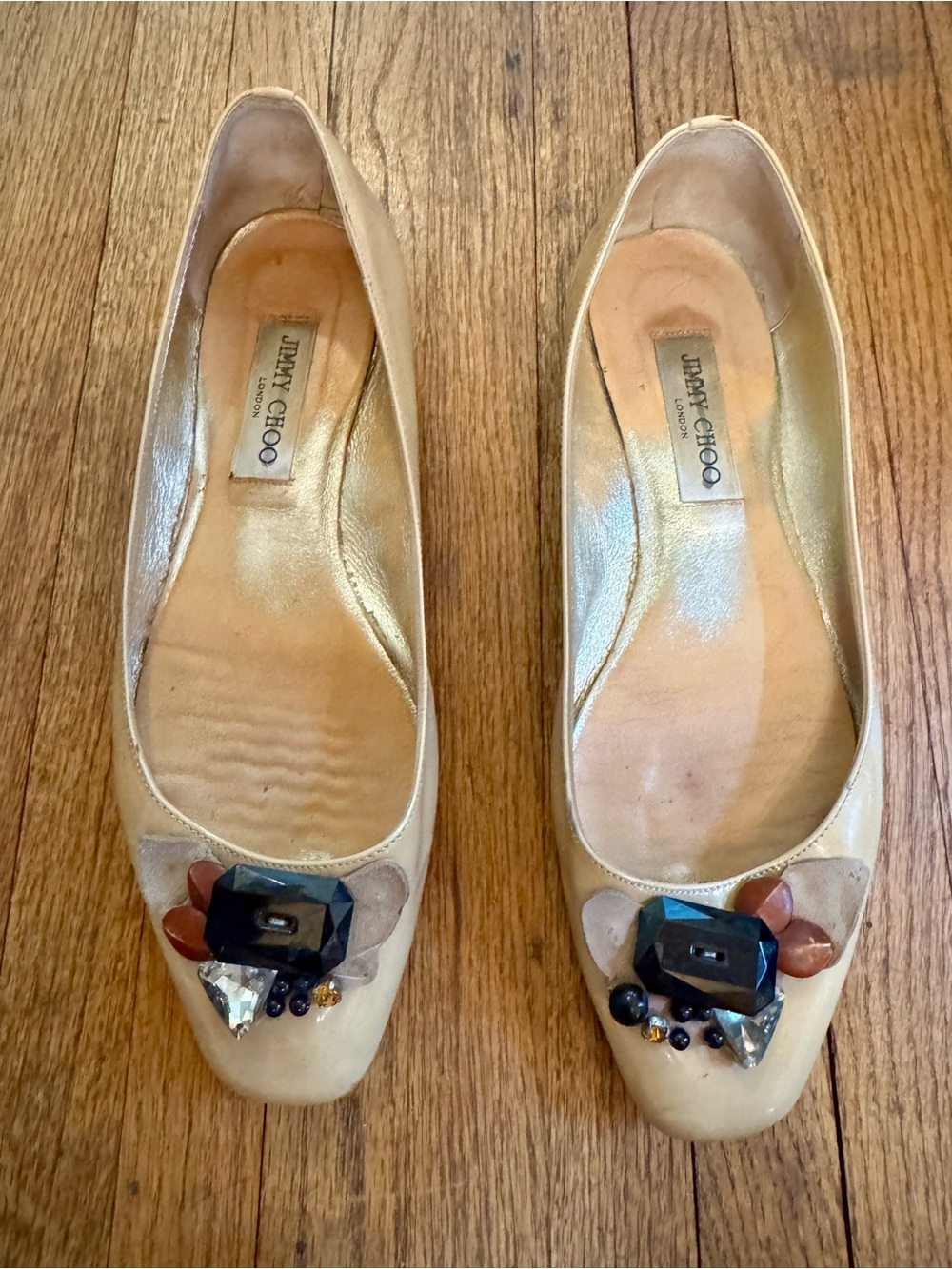 Jimmy Choo Tan Patent Leather Embellished Flats - size 40